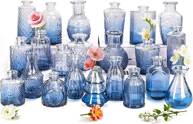 Clear Gradient Blue Glass Bud Vase Set of 22 Pcs, Small Bud Vases in Bulk by JXINDUJU