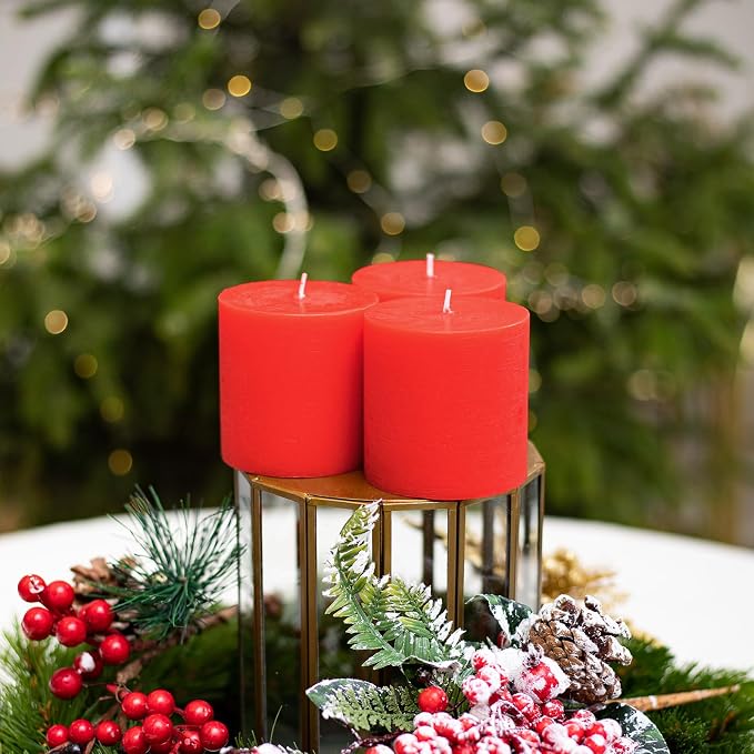 Assorted 3x3, 3x8 Inch Red Pillar Candles Set of 3 - Image 4