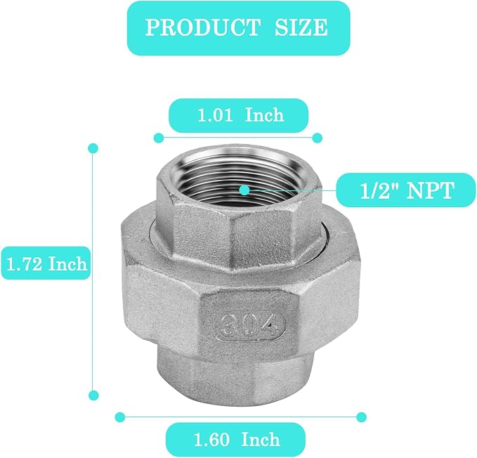 2Pcs 304 Stainless Steel Pipe Union Fitting, 1/2" NPT Female, Cast Full Port - Image 2