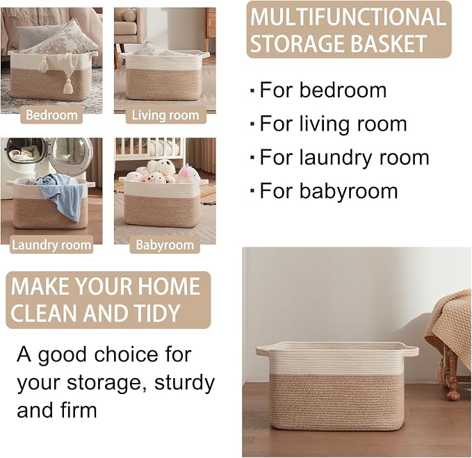 OIAHOMY Large Blanket Basket, 65L Cotton Rope Woven Laundry Basket, Toy Bin - Image 4