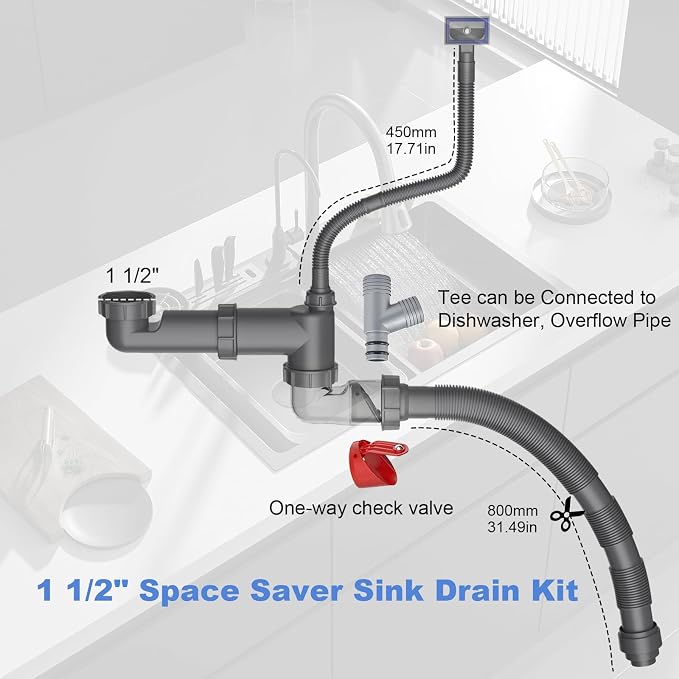 Flexible 1 1/2" Pipe Kit for One Kitchen Sink Space Saving Kitchen Sink Drain - Image 2