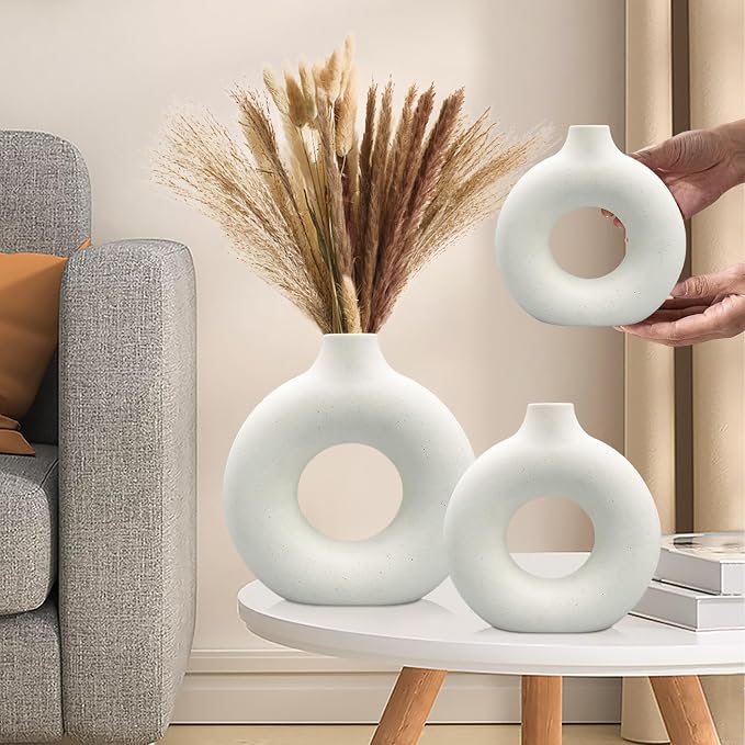 White Ceramic Vases Set 3 for Modern Home Decor, Round Matte Pampas Flower - Image 6