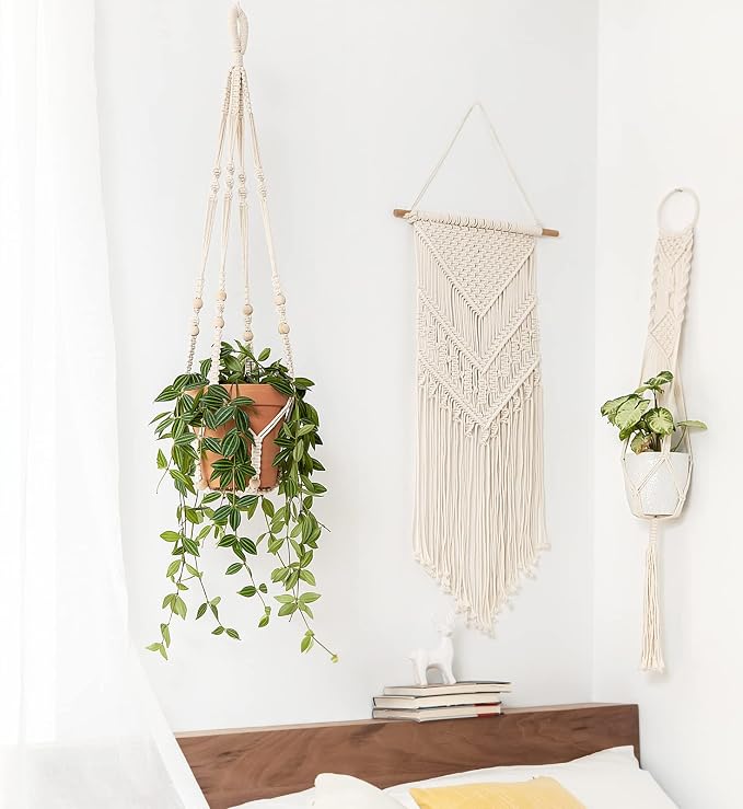 Mkono Macrame Plant Hanger Indoor 35 Inch Hanging Planter Basket Ivory 2Pcs | - Image 2