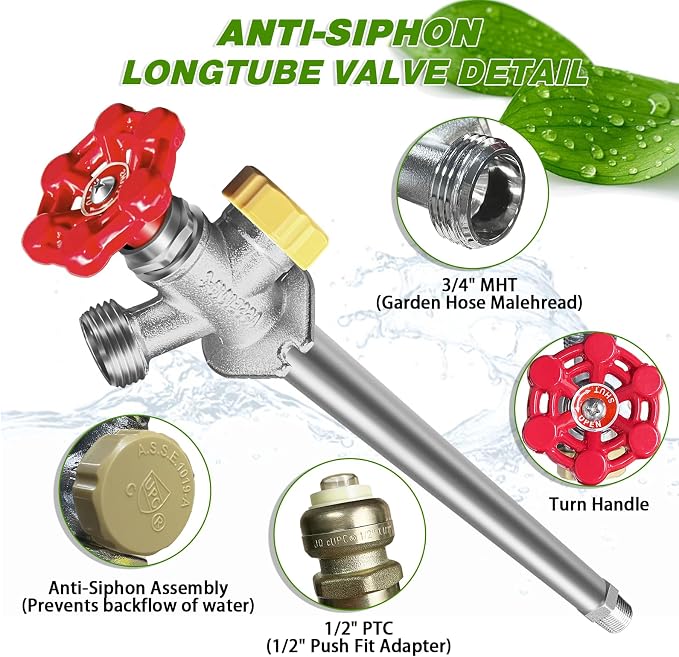 12 Inch Anti-Siphon Frost Free Sillcock Valve Multiturn 1/2 Inch NPT, 3/4 Inch - Image 4