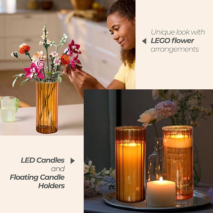 ComSaf Glass Cylinder Vase 8 Inch Tall, Amber Ribbed Decor - Image 5