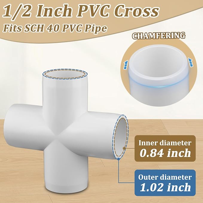20-Pack 1/2" Cross PVC Fittings, Furniture Grade Pipe Fittings 4 Way - Image 2