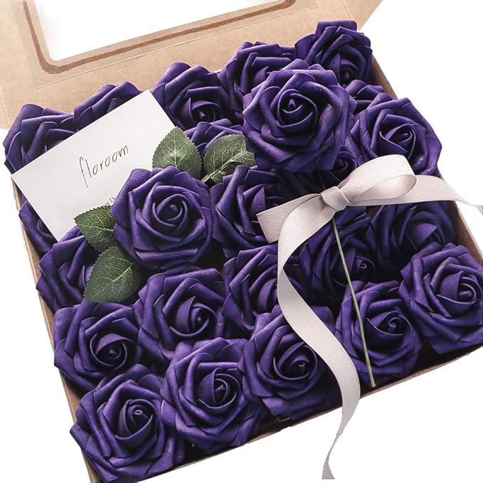 Artificial Flowers 50pcs Real Looking Dark Purple Foam Fake Roses by Floroom