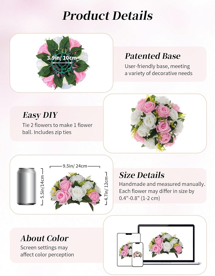 BLOSMON Flower Balls Wedding Centerpieces: 10 Pcs Pink White Fake Roses | 9.5 - Image 6