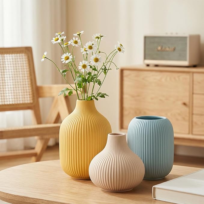 Colorful Small Ceramic Vases Set of 3, Matte Vertical Ribbed, Minimalist - Image 7