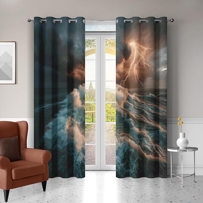 Thunderstorm Curtains for Bedroom Living Room Decor, Ocean Waves Blackout - Image 2