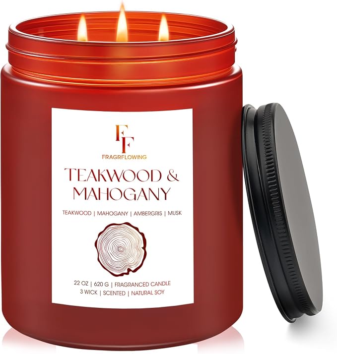 Teakwood & Mahogany Large Christmas Scented Candle, 3-Wick 22oz Long Lasting by FFFRAGRFLOWING