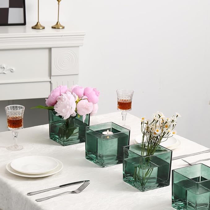 Square Green Glass Vases Set of 6, Square Vase - Image 2