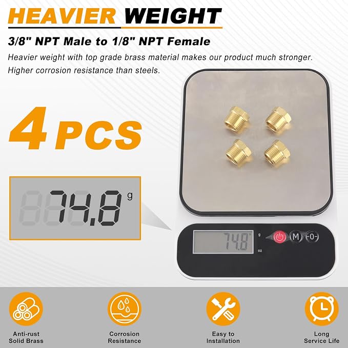 KOOTANS 4pcs Heavy Duty 3/8 NPT Male Thread to 1/8 NPT Female Thread Brass - Image 5