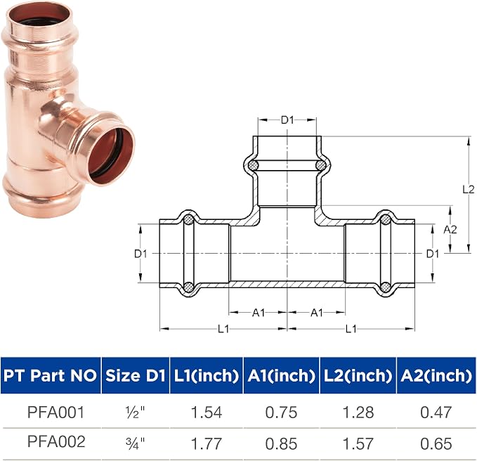 Copper Press Fittings 3/4 inch Tee PxPxP 10 Pack | LF Press Equal Tee - Image 4