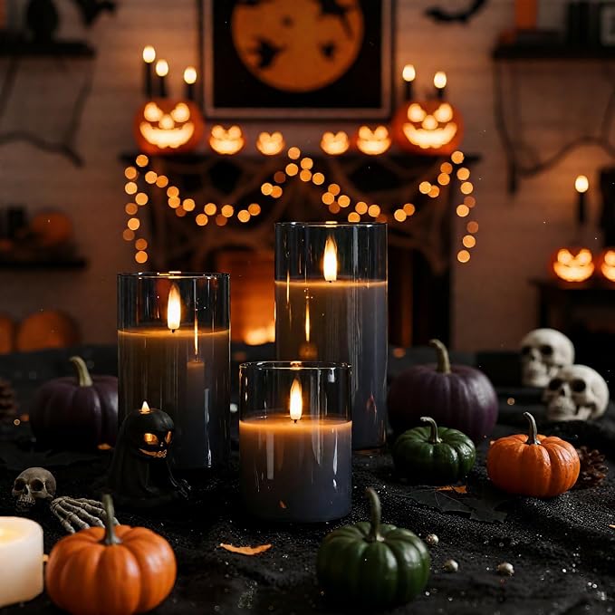 Homemory Grey Glass Flameless Candles, Real Wax, Remote Timer, 3 Pack | - Image 2