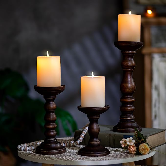 Romadedi Wood Pillar Candle Holders, Dark Brown Solid Wood, Dining Tables - Image 4