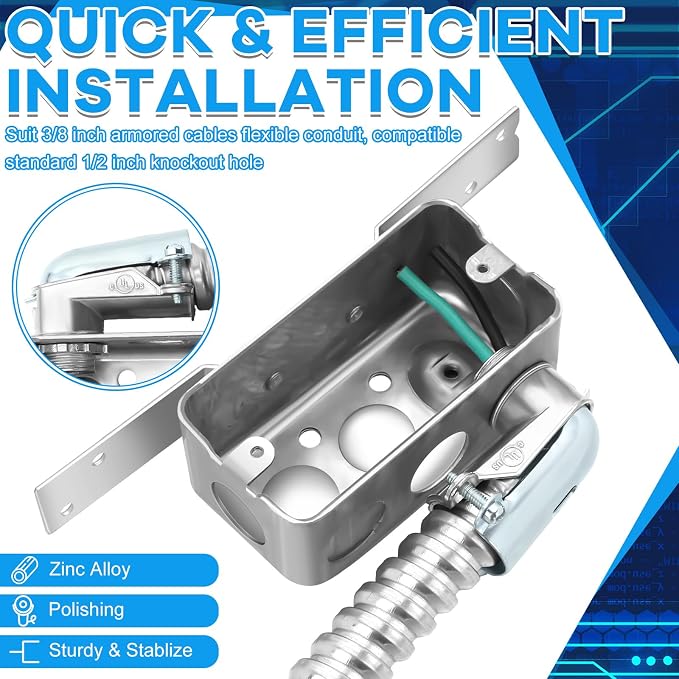 12 Pack 3/8 Inch Cable Connectors 90 Degree Squeeze Fittings Zinc Die Cast - Image 2