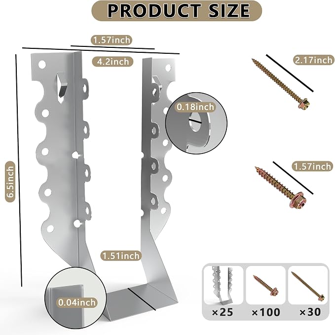 25 pcs 2x8 Joist Hangers with Screws, Galvanized Face Mount Hurricane Tie | - Image 3
