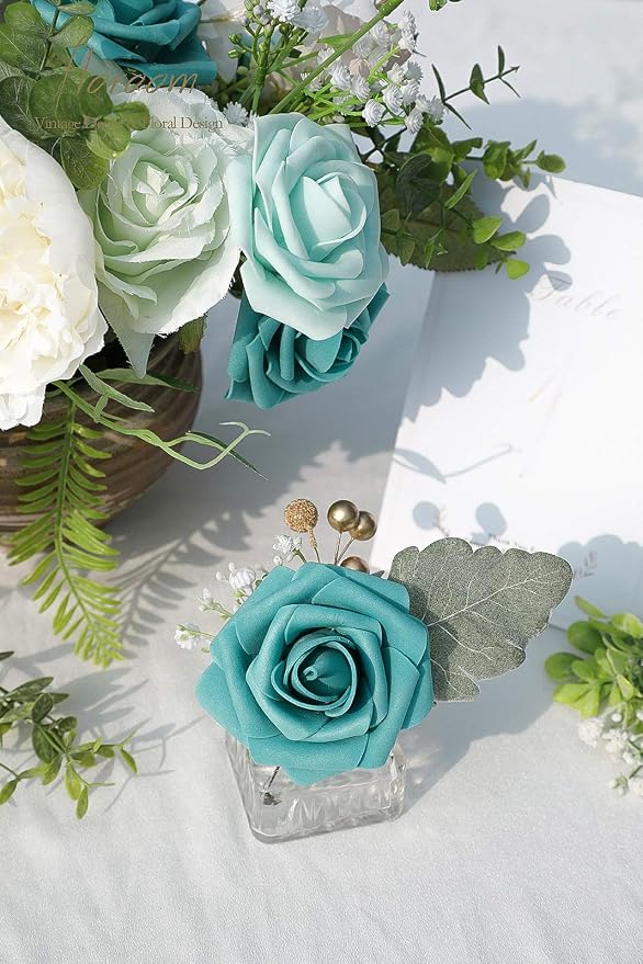 Artificial Flowers 25pcs Real Looking Teal Green Foam Fake Roses - Image 6