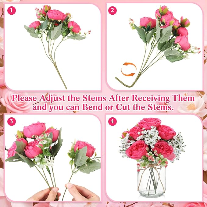 12 Sets Mason Jar Flowers Centerpiece Table Decorations, Hot Pink | Faux Flowers - Image 2