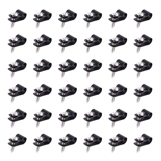 Swpeet 60 Pack Black 1/4 Inch Nylon Plastic R-Type Cable Clips Clamp Kit by Swpeet