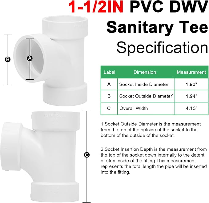 4Pack 1-1/2IN PVC DWV Sanitary Tee 3-Way PVC Pipe Fittings Adapter Furniture - Image 2