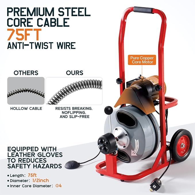Albott 75 FT x 1/2 Inch Electric Drain Cleaner Machine | Auto-Feed Sewer Snake - Image 4