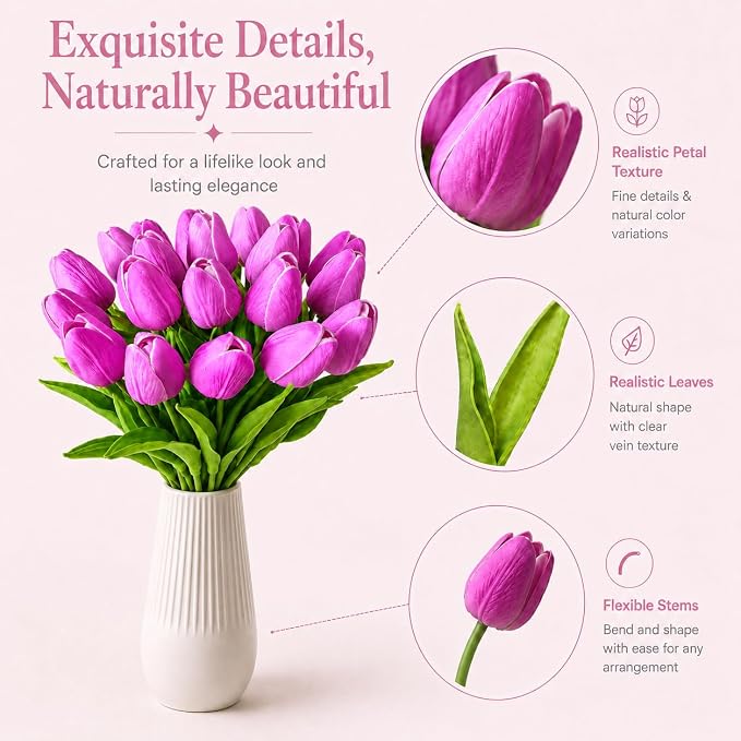 Mandy's 20pcs Artificial Lavender Tulips | 13.5 Inch Lifelike PU Tulips Faux - Image 4