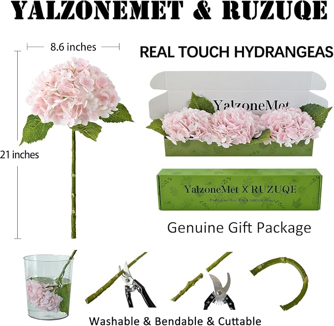 YalzoneMet 3 PCS Light Pink Hydrangea Artificial Flowers 21 inches Real Touch - Image 3