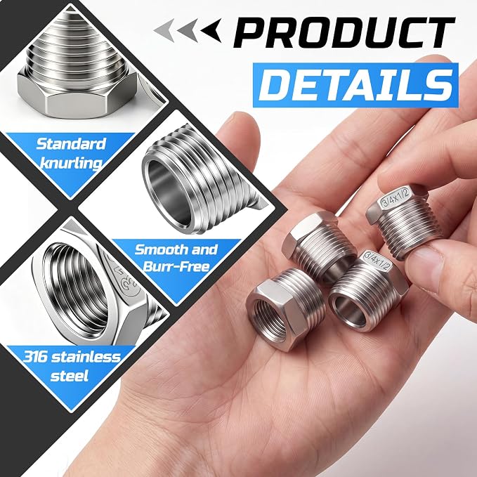 3/4" Mnpt to 1/2" Fnpt Male to Female 4 Pcs Hex Bushing Nipple Reducer - Image 3