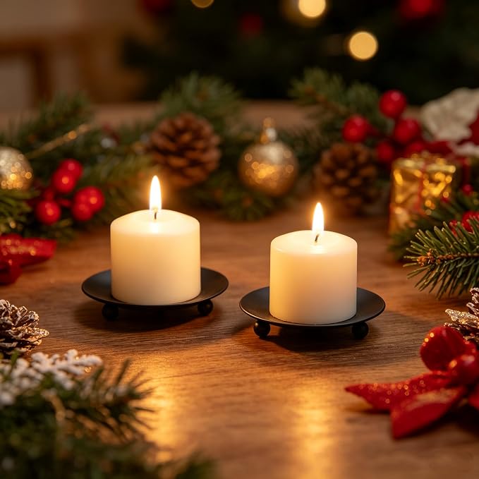 Hosley Set of 2 Black Iron Pillar Candle Holder Plates – 4-Inch Decorative - Image 3