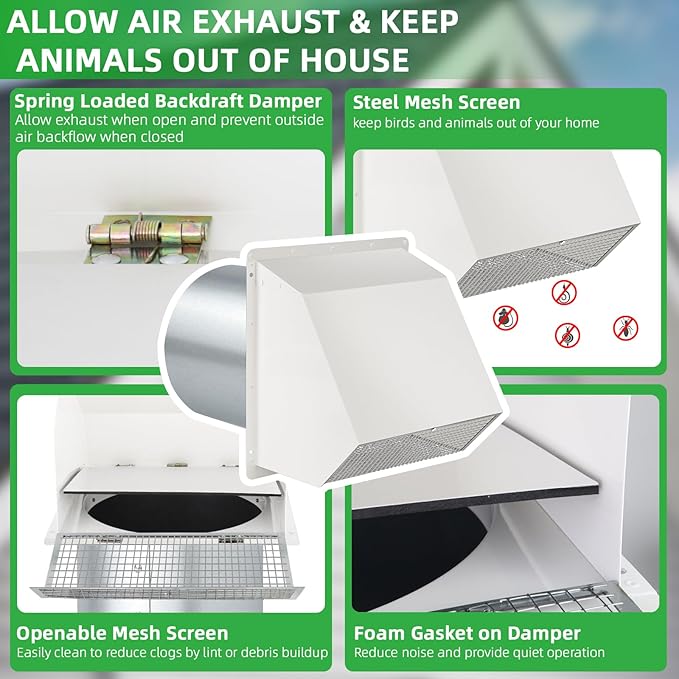 12 Inch Hooded Wall Vent with Screen and Damper, Outdoor Wall Exhaust Vent - Image 4