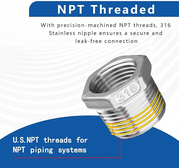 316 Stainless Steel Hex Bushing Reducer, 1/2" NPT Male to 3/8" NPT Female Pipe - Image 4