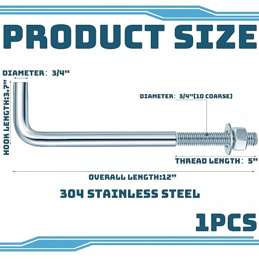 Yaocom 1 Pcs J Bolt Galvanized Anchor Bolts Galvanized Concrete Fastener - Image 2