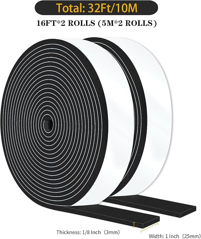 Foam Tape, Weather Stripping, High Density CR, Soundproof, 1 in x 1/8 in x 32 Ft - Image 2