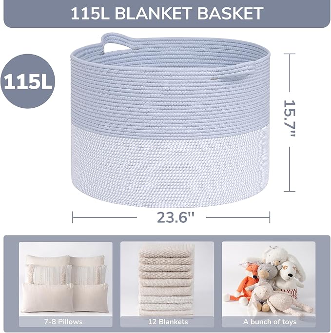 INDRESSME 115L Extra Large Woven Rope Blanket Basket Living Room Blue | 23.6" x - Image 2