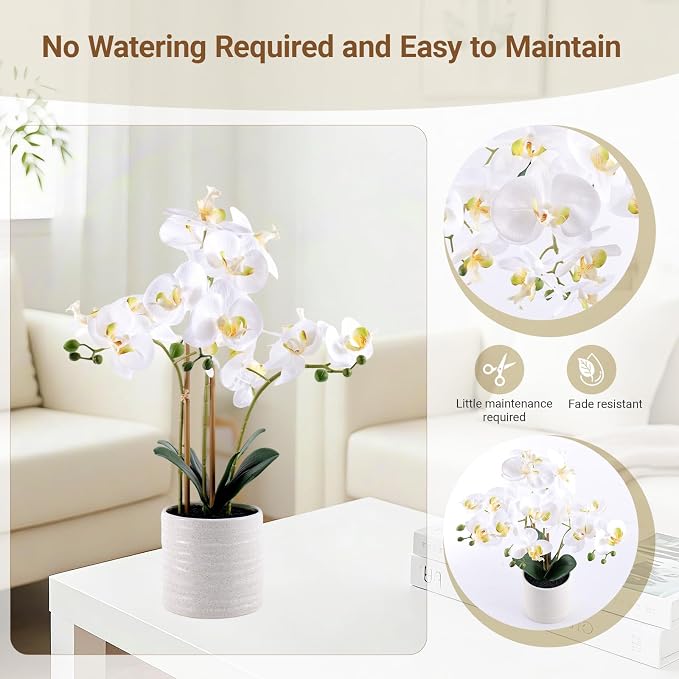 Fake Orchid Plant 23" Tall, Realistic Touch Leaves, Potted Phalaenopsis - Image 4