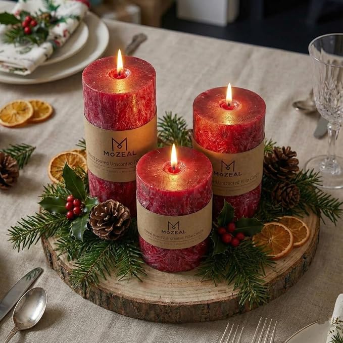 MOZEAL Hand-Poured, Unscented Red Crystal Pillar Decorative Candles, Elegant - Image 4