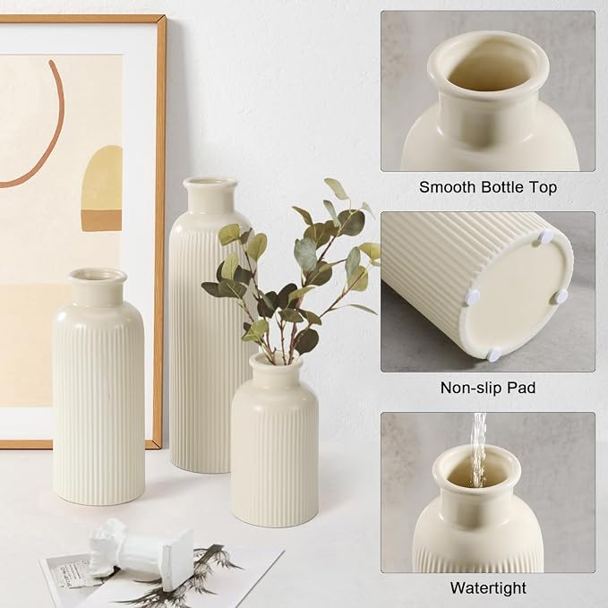 Small Beige Ceramic Vase Set of 3, Boho Modern Beige Flower Vase Room Decor - Image 5