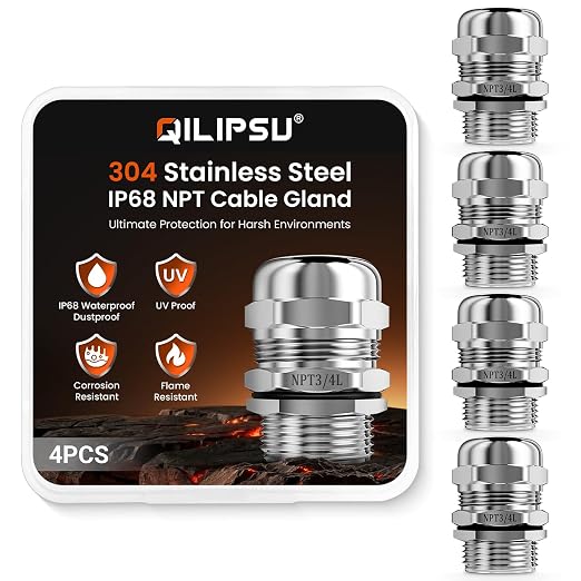 QILIPSU 4pcs 3/4" NPT 304 Stainless Steel Cable Gland Waterproof IP68 Metal by QILIPSU