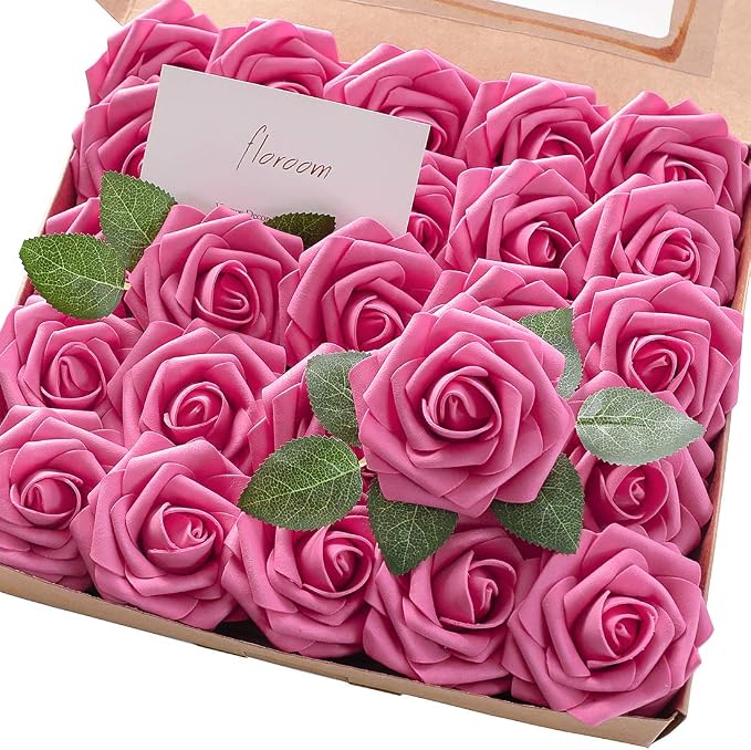 Artificial Flowers 25pcs Real Looking Hot Pink Foam Fake Roses by Floroom