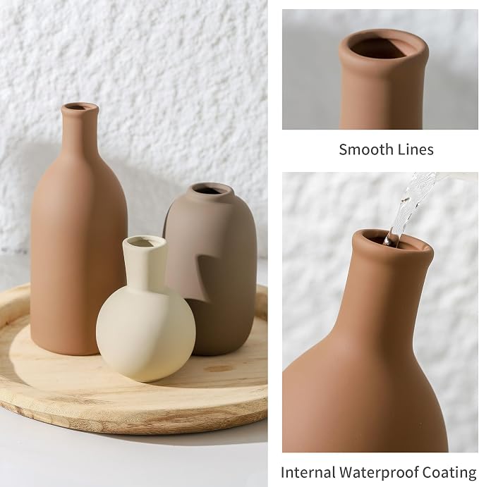 Ceramic Vases Set of 3, Modern Neutral Rustic Farmhouse Home Decor Pottery - Image 4