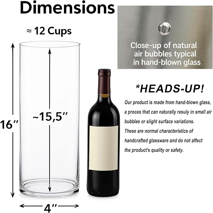 CYS Excel Tall Clear Glass Cylinder Vase | Multiple Size Choices Glass Flower - Image 2
