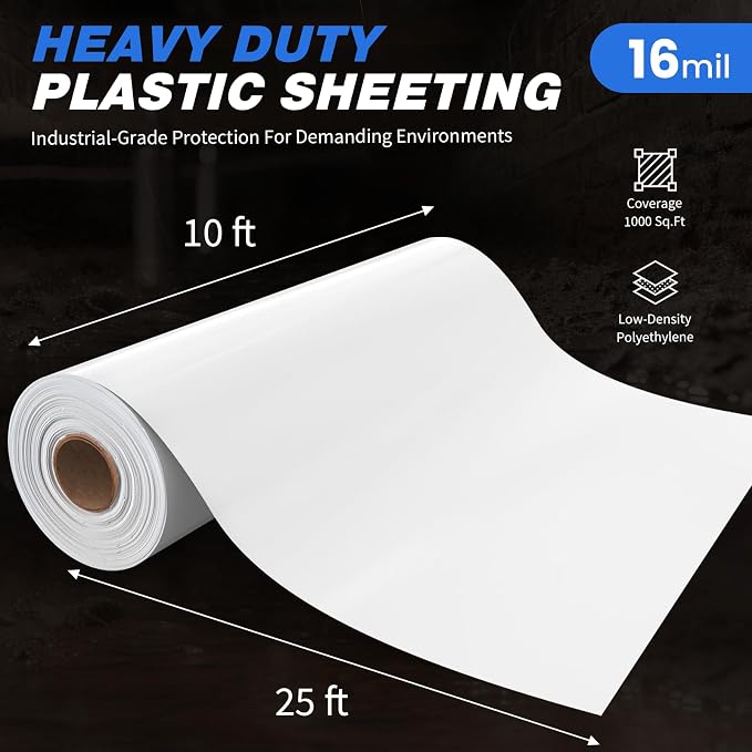 White Plastic Sheeting, 16 Mil 10' x 25', Crawl Space Vapor Barrier, Plastic - Image 6