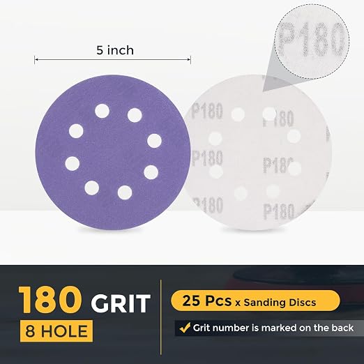 HARFINGTON 25Pcs 5Inch Sanding Disc 8 Hole 180Grit Purple Aluminum Oxide | Hook - Image 2