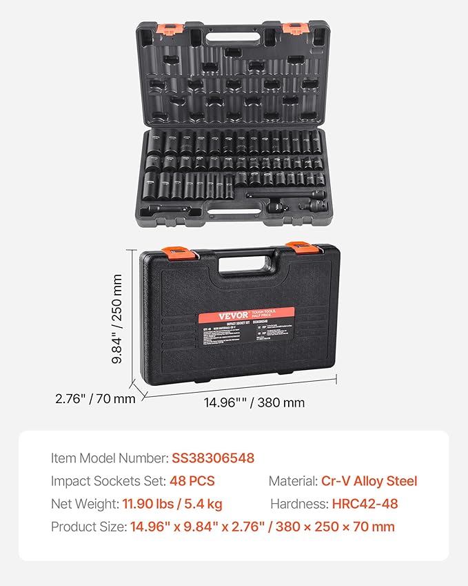 VEVOR Impact Socket Set 3/8" Drive, 48-Piece Standard SAE & Metric Size - Image 9