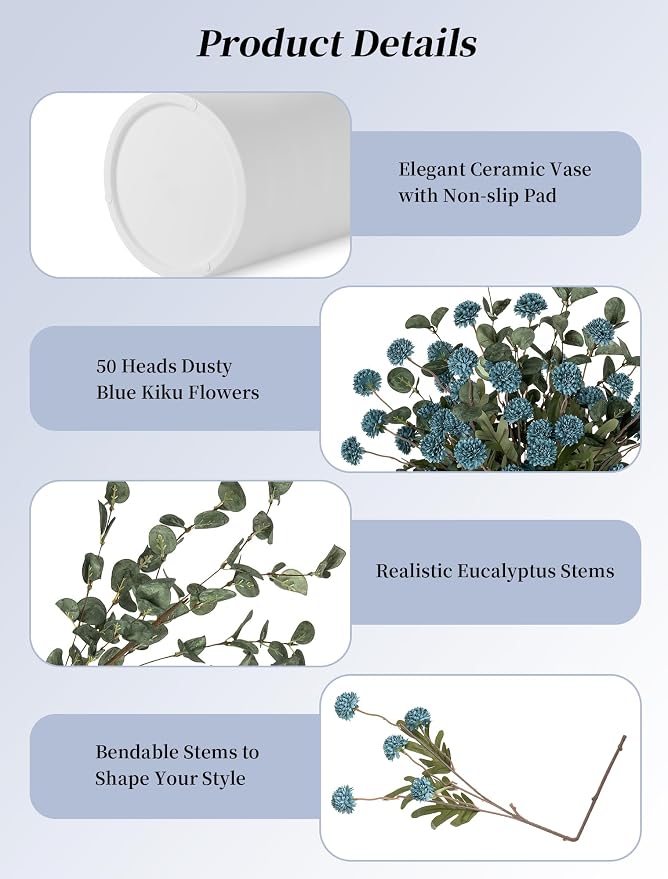 BLOSMON Dusty Blue Flowers, Fake Mums Centerpieces Table Decorations | - Image 7