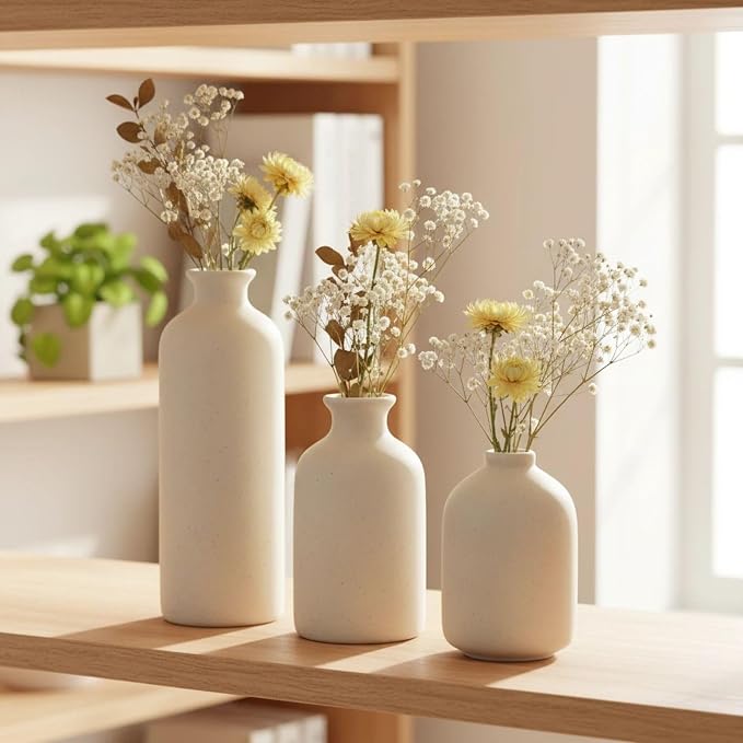 Small Beige Ceramic Vase Set of 3, Modern Boho Farmhouse Flowers Vases | - Image 5