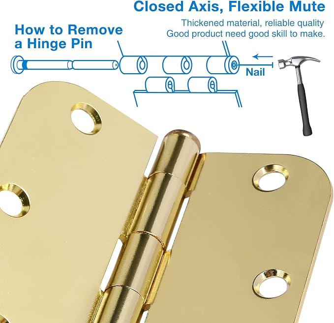 TDCHINGES Rounded Door Hinges 3.5" X 3 1/2 Inch Polished Brass 5/8" 12 Pack | - Image 4