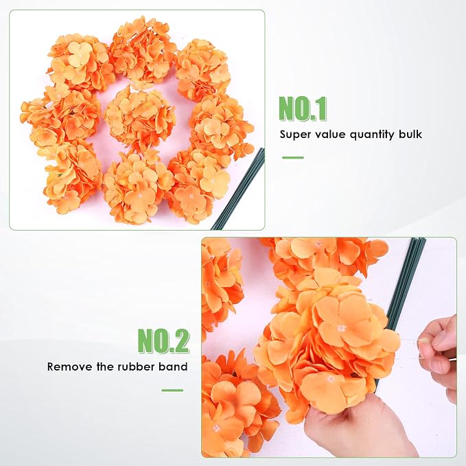 AVIVIHO 65pcs Fake Flowers Orange Hydrangea Artificial Flowers Bulk Silk Flowers - Image 5